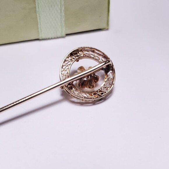 Antique .02ct Natural Diamond 14Kt Green Rose Yellow Gold Circle Stick Pin#23109 - Picture 4 of 5